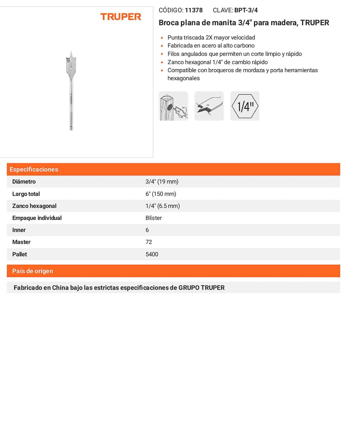 Broca plana de manita 3/4" para madera