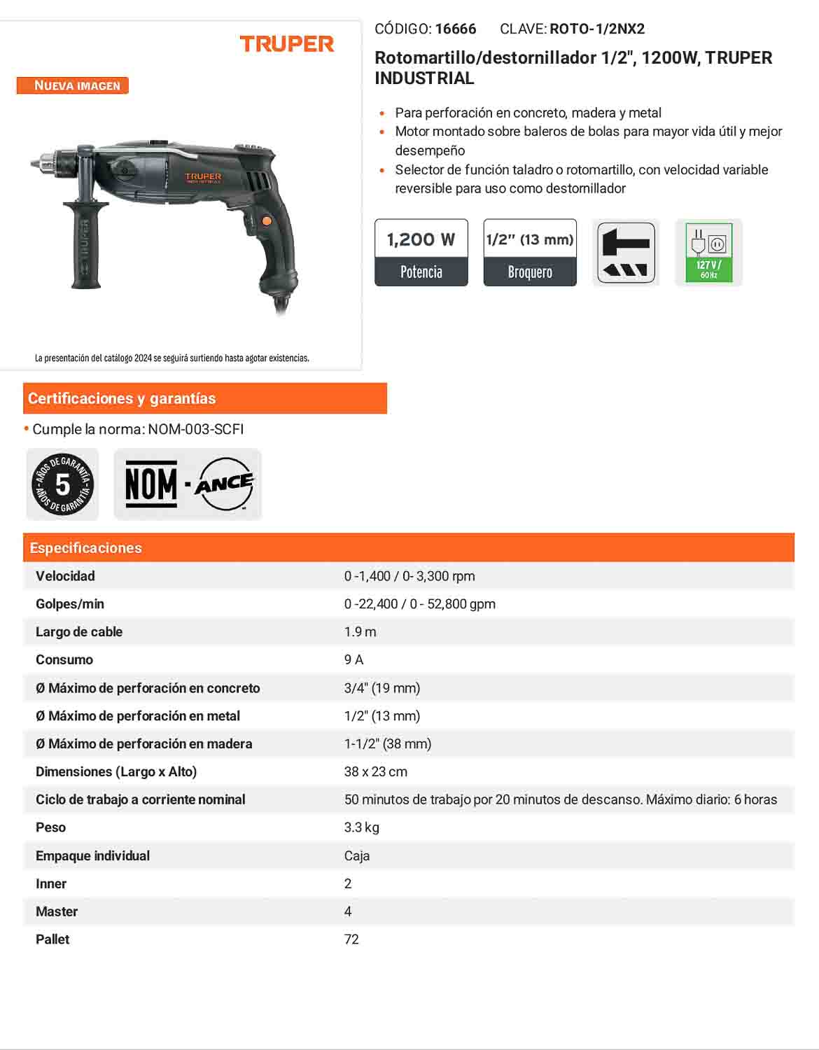 Rotomartillo/destornillador 1/2" 1200 W industrial