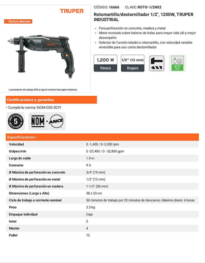 Rotomartillo/destornillador 1/2" 1200 W industrial
