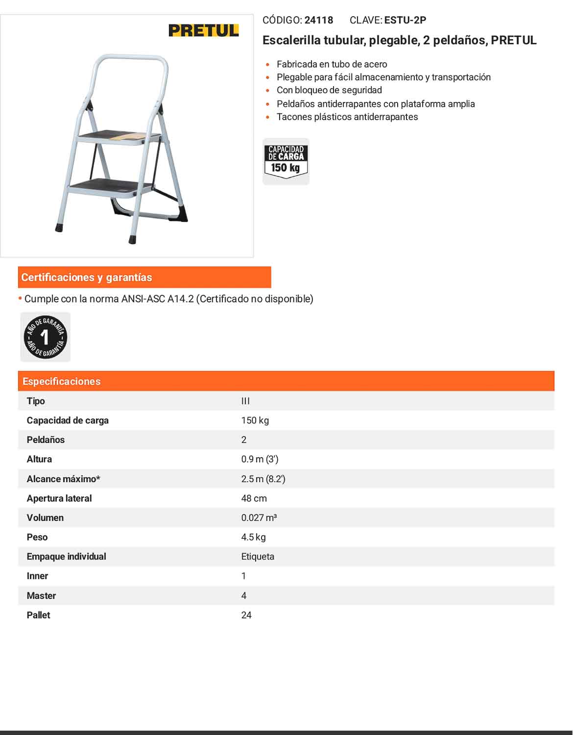 Escalerilla tubular plegable con 2 peldaños