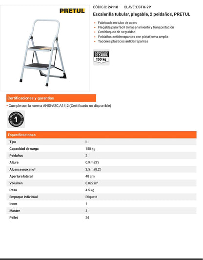 Escalerilla tubular plegable con 2 peldaños