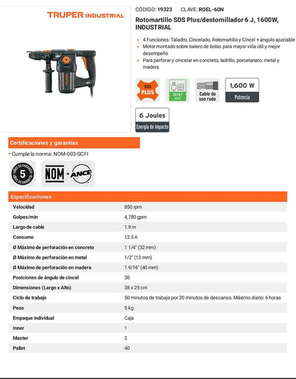 Rotomartillo SDS Plus de 1600 W y 6 J con 4 funciones para trabajo industrial