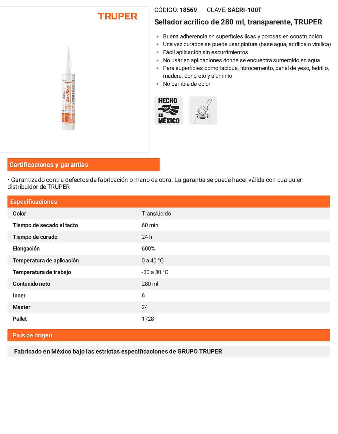 Sellador acrílico de 280 ml transparente