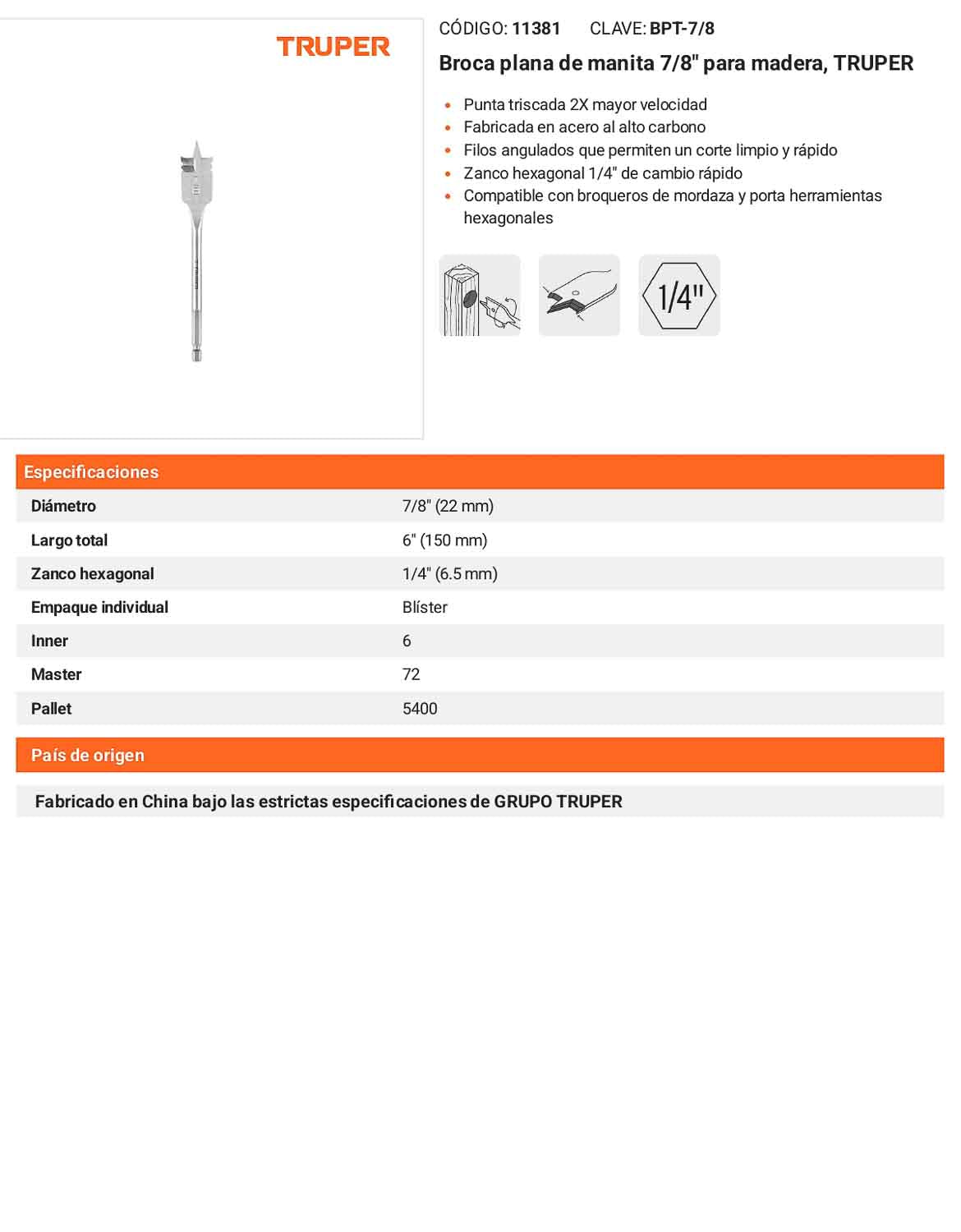 Broca plana de manita 7/8" para madera