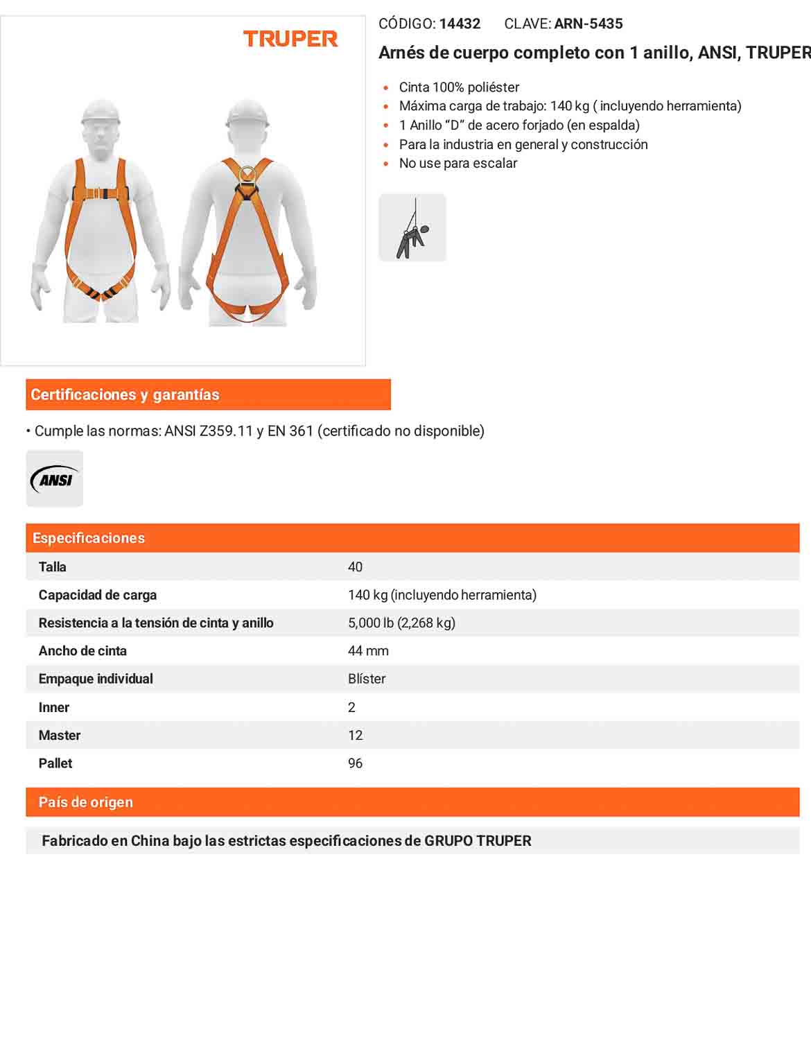 Arnés de cuerpo completo con 1 anillo