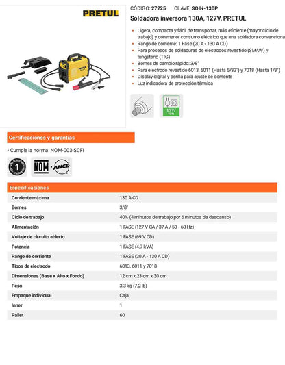 Soldadora inversora 130A 127V Ligera compacta