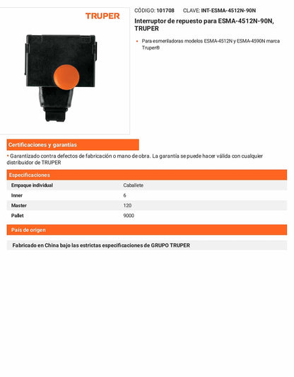 Interruptor de repuesto para esmeriladoras compatible con modelos ESMA-4512N y ESMA-4590N