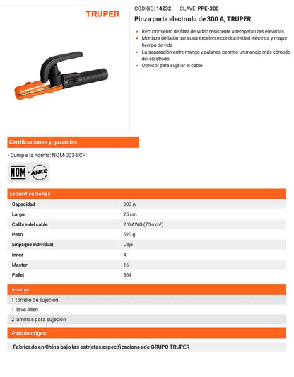 Pinza porta electrodo de 300 A Recubrimiento