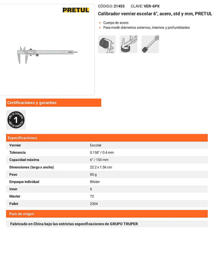 Calibrador vernier escolar 6 acero std y
