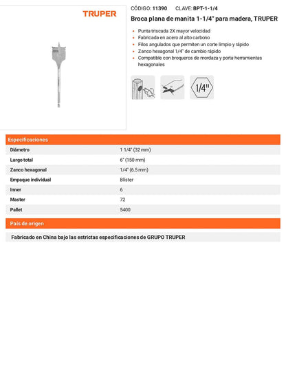 Broca plana de manita 1-1/4" para madera