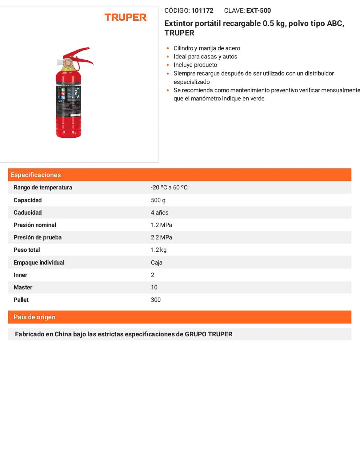 Extintor portátil recargable 0.5 kg polvo
