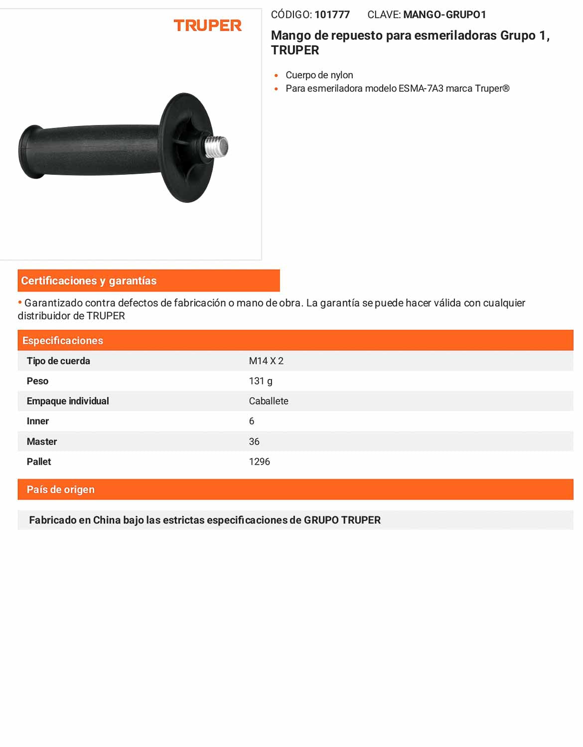Mango de repuesto para esmeriladoras compatible con modelo Grupo 1