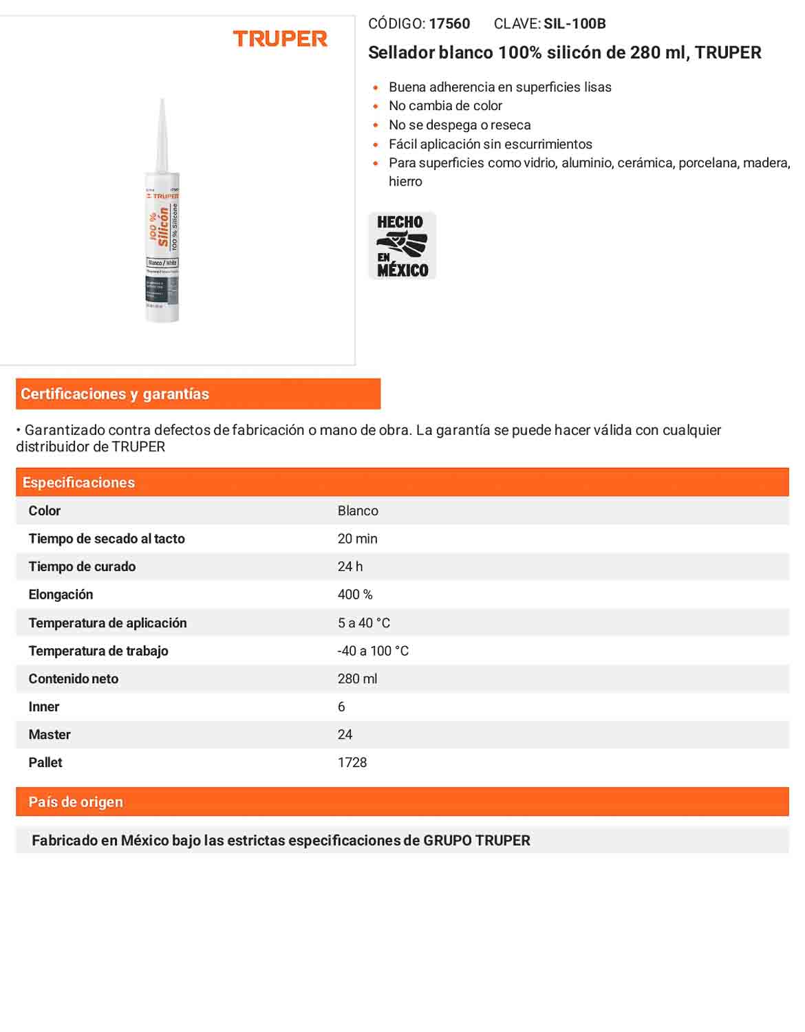 Sellador blanco 100 silicón de 280 ml