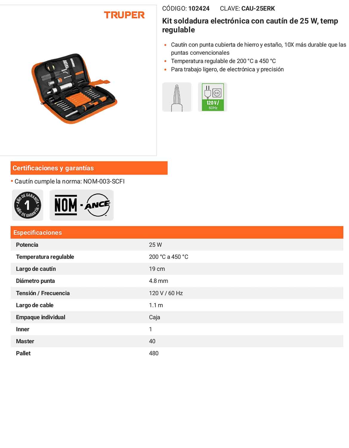 Kit de soldadura electrónica con cautín de 25 W y temperatura regulable