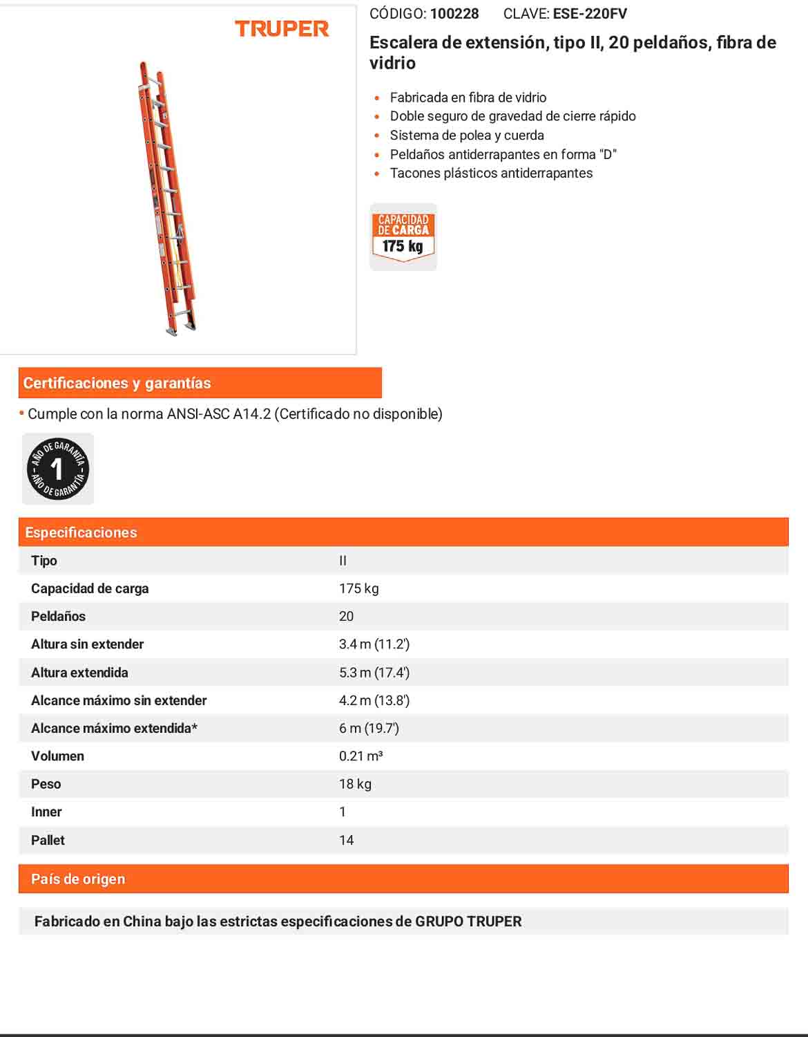 Escalera de extensión fibra de vidrio tipo II 20