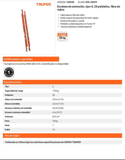 Escalera de extensión fibra de vidrio tipo II 20