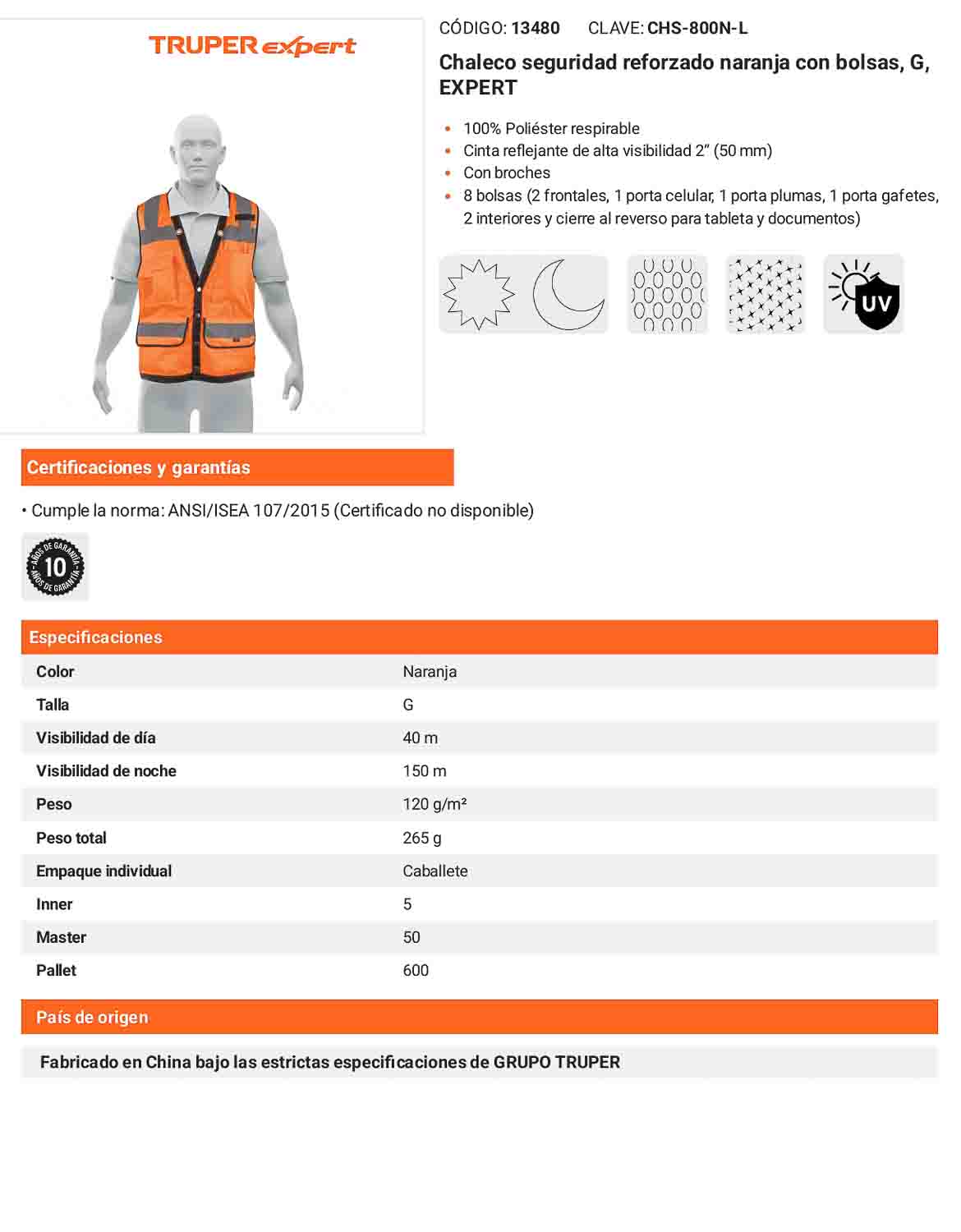 Chaleco seguridad reforzado naranja con bolsas G