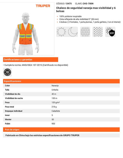 Chaleco de seguridad naranja con visibilidad