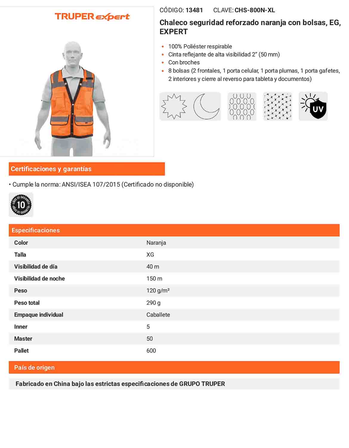 Chaleco seguridad reforzado naranja con bolsas EG