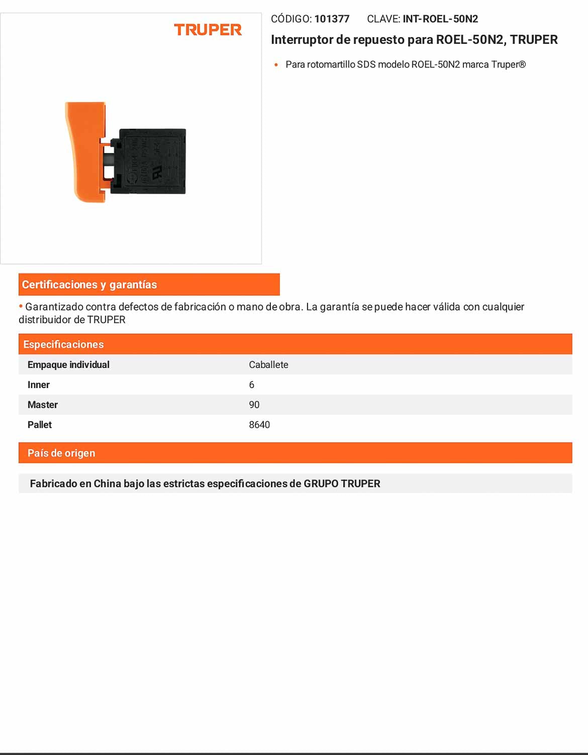 Interruptor de repuesto para ROEL-50N2 TRUPER