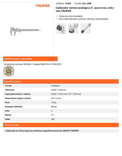 Calibrador vernier analógico 6 acero inox std
