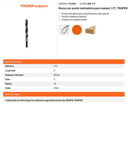Broca con punta centradora para madera 1/2"