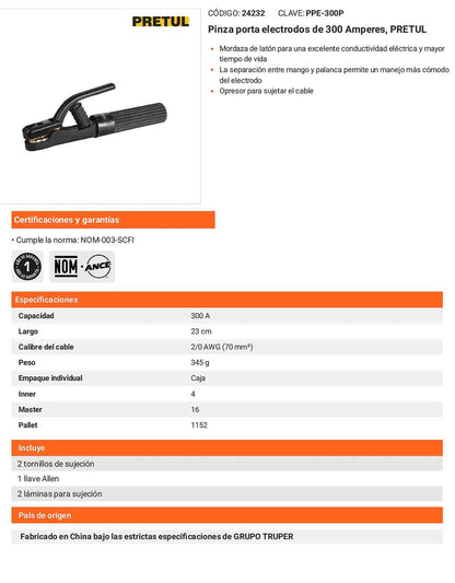 Pinza porta electrodos de 300 Amperes Mordaza