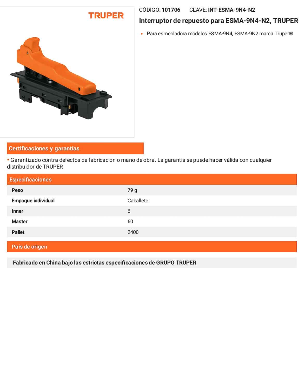 Interruptor de repuesto para esmeriladoras compatible con modelos ESMA-9N4 y ESMA-9N2