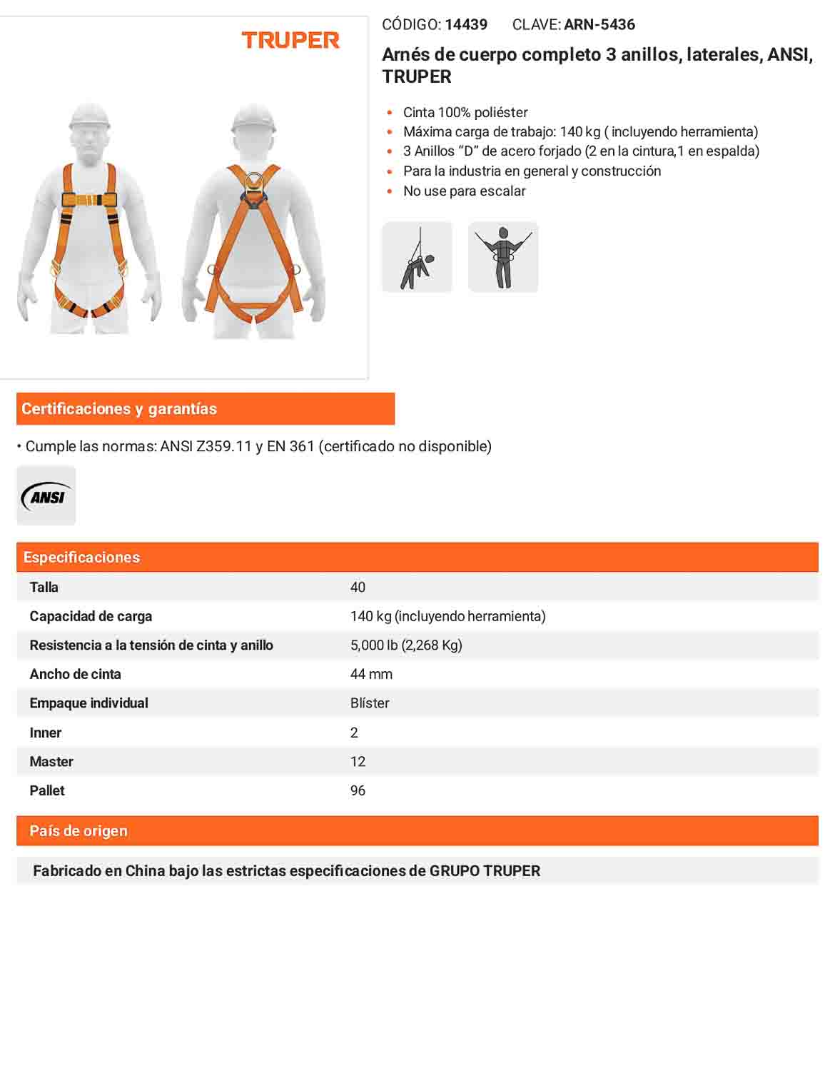 Arnés de cuerpo completo 3 anillos laterales