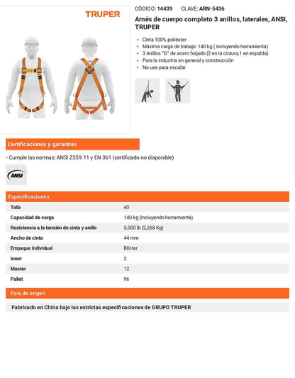 Arnés de cuerpo completo 3 anillos laterales