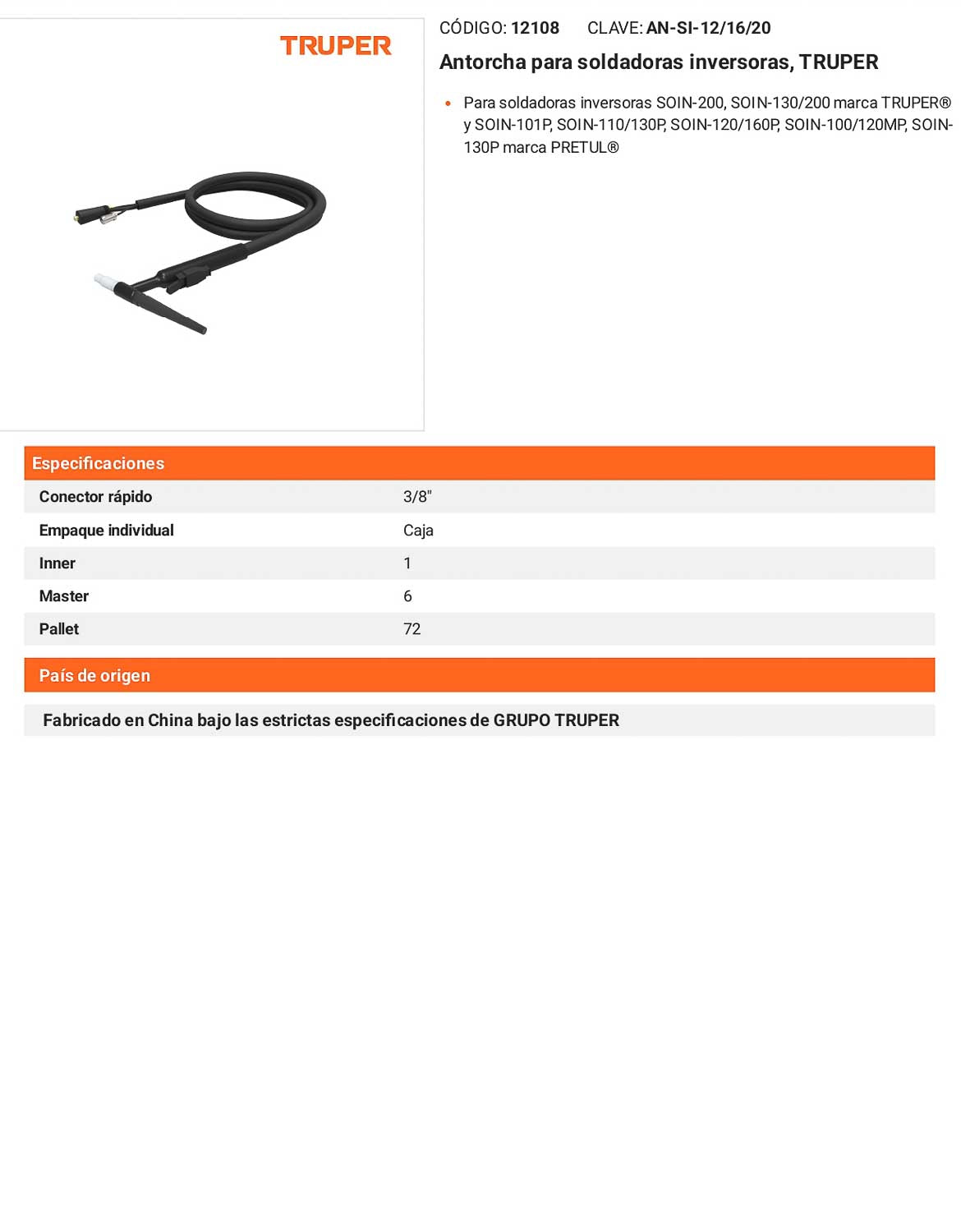 Antorcha para soldadoras inversoras