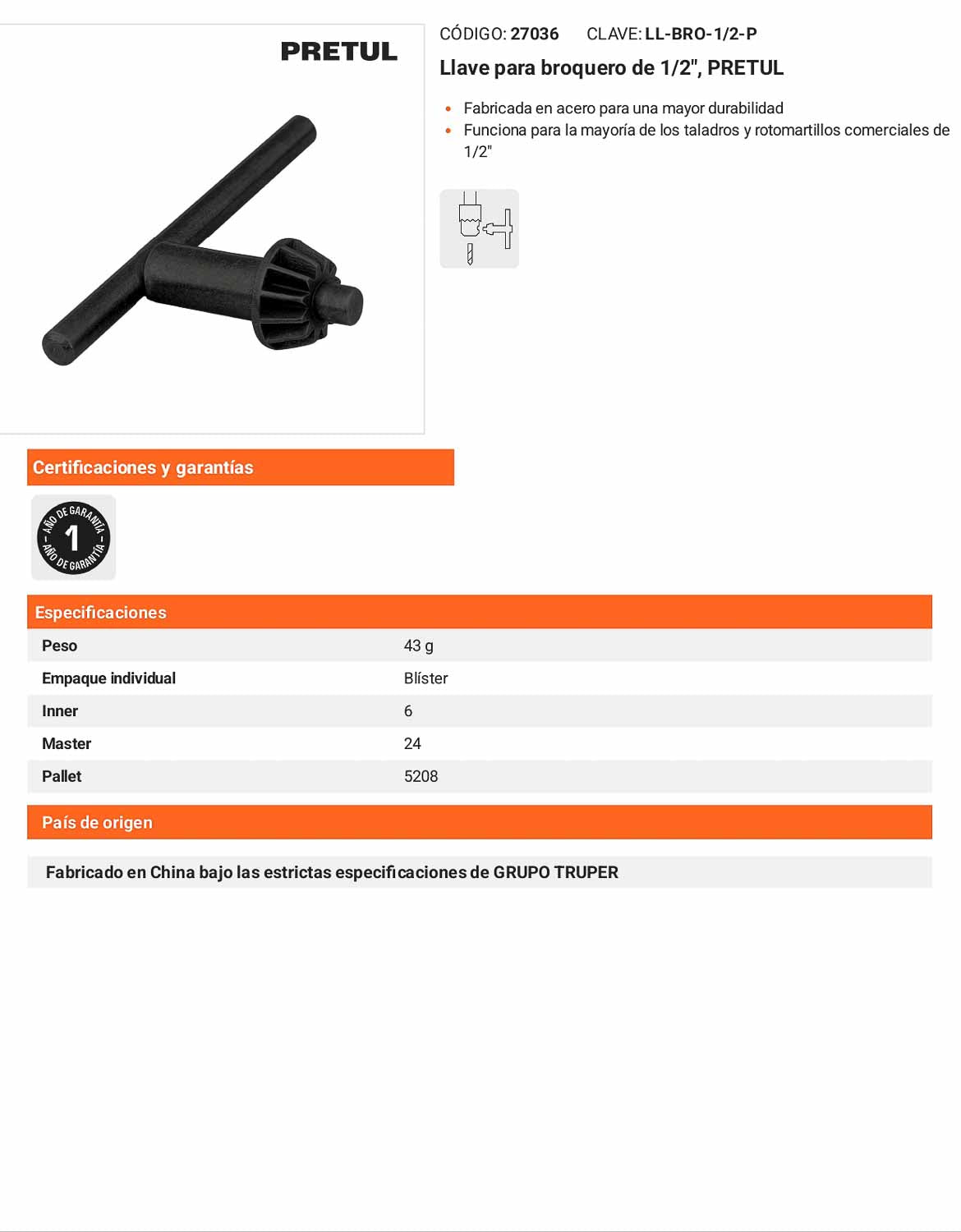 Llave para broquero de 1/2"