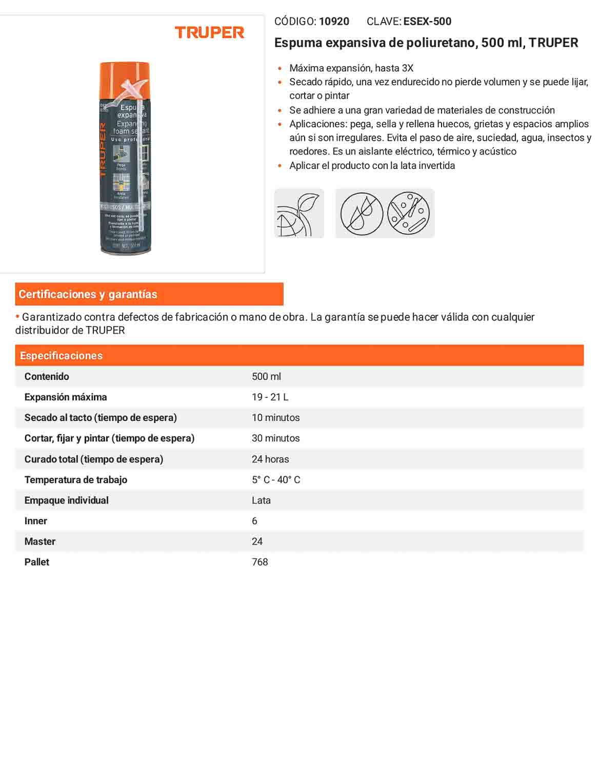 Espuma expansiva de poliuretano 500 ml