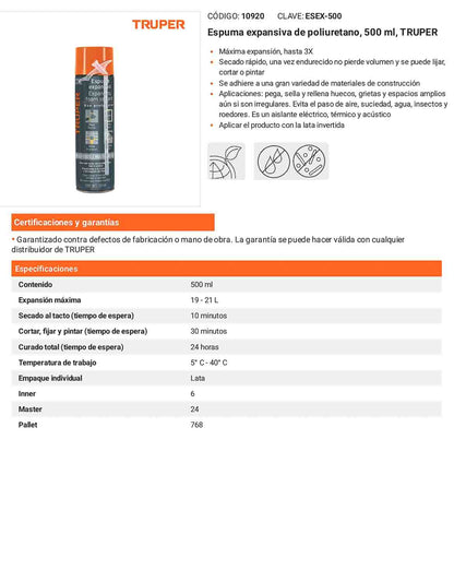 Espuma expansiva de poliuretano 500 ml