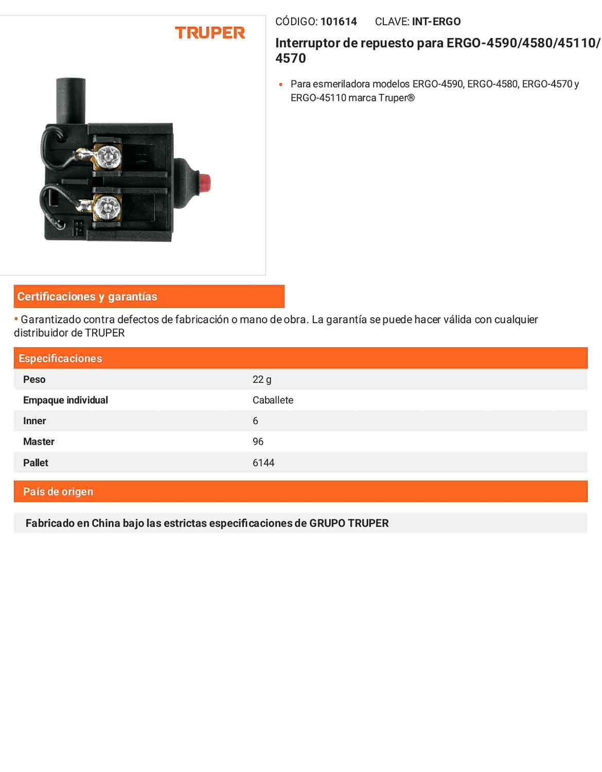 Interruptor de repuesto para esmeriladoras compatible con modelos ERGO-4590 ERGO-4580 ERGO-4570 y ERGO-45110