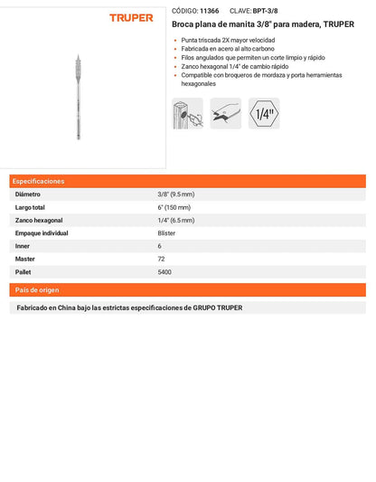 Broca plana de manita 3/8" para madera