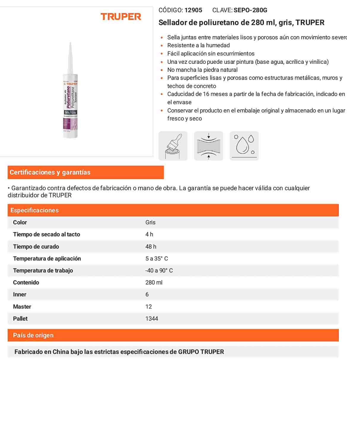 Sellador de poliuretano de 280 ml gris