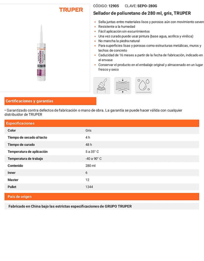 Sellador de poliuretano de 280 ml gris