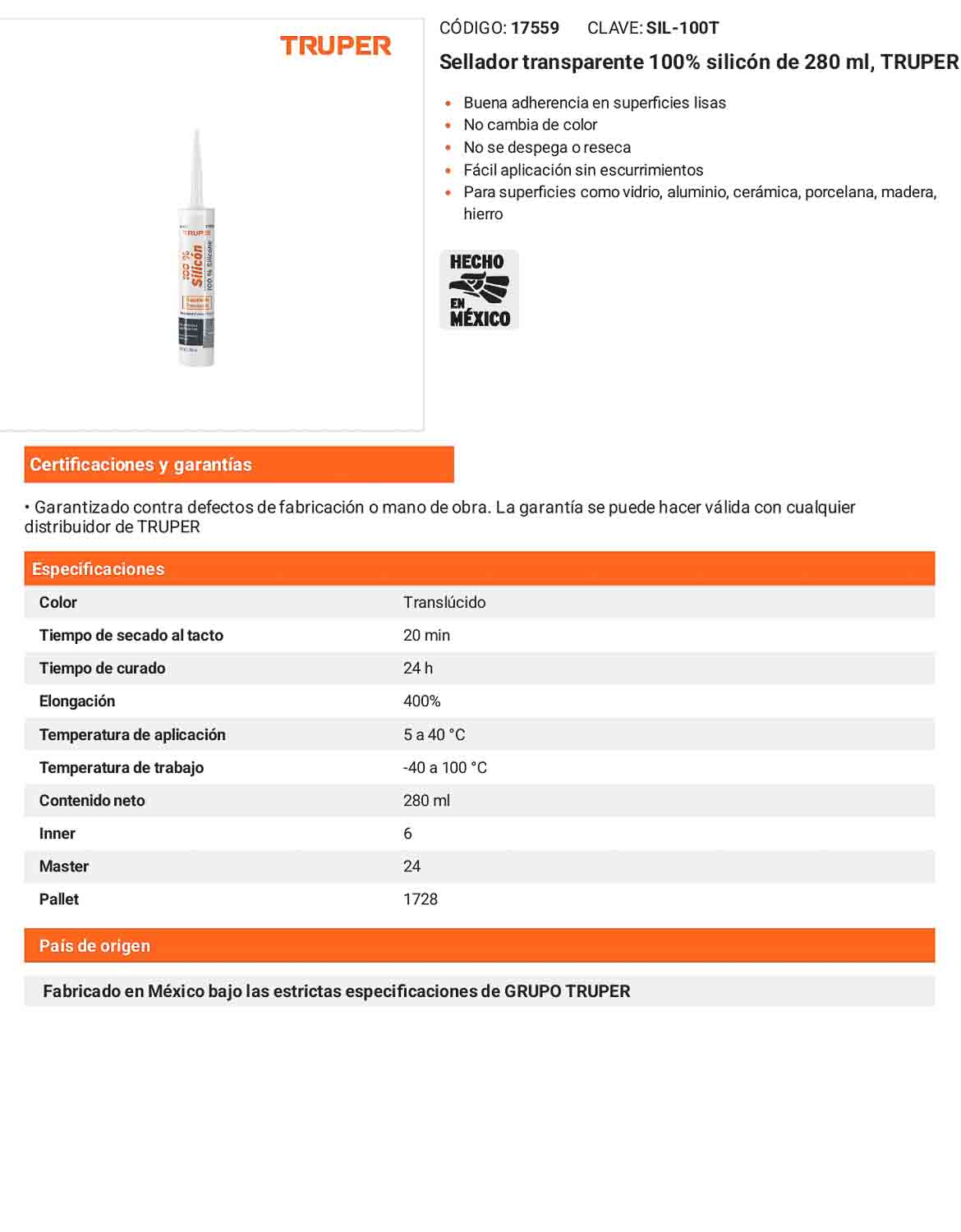 Sellador transparente 100 silicón de 280 ml