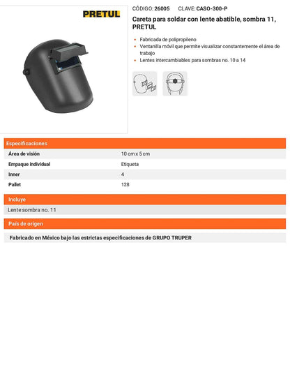 Careta para soldar con lente abatible sombra