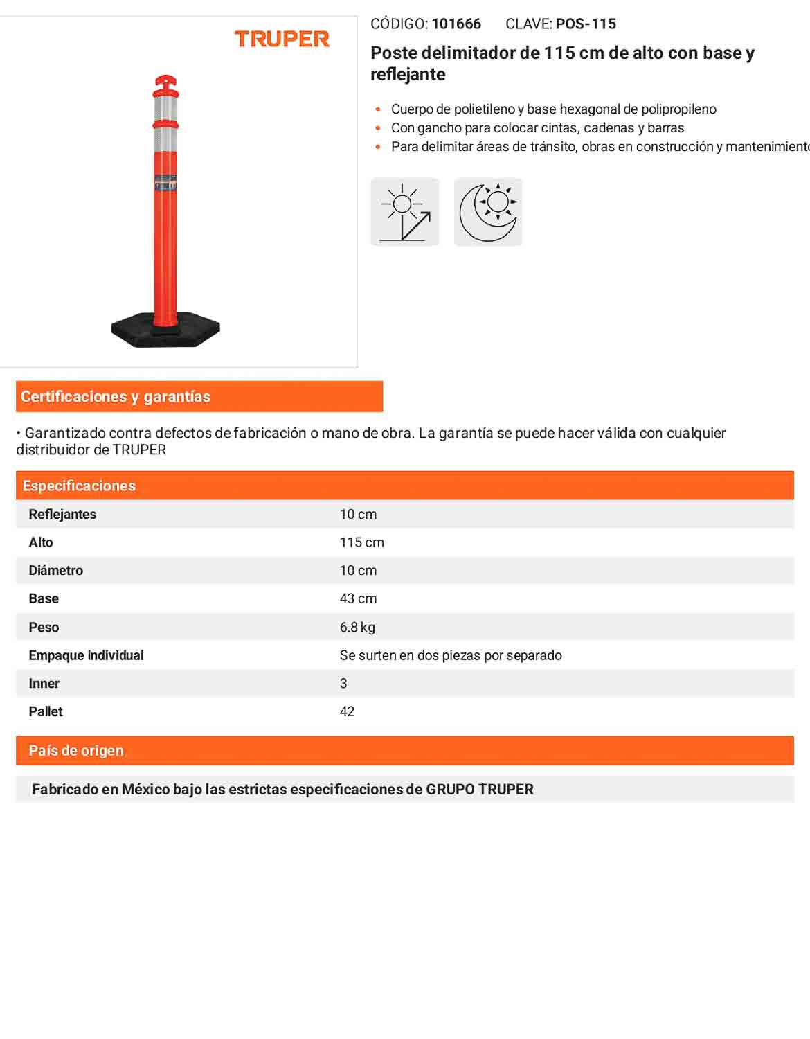 Poste delimitador de 115 cm de alto