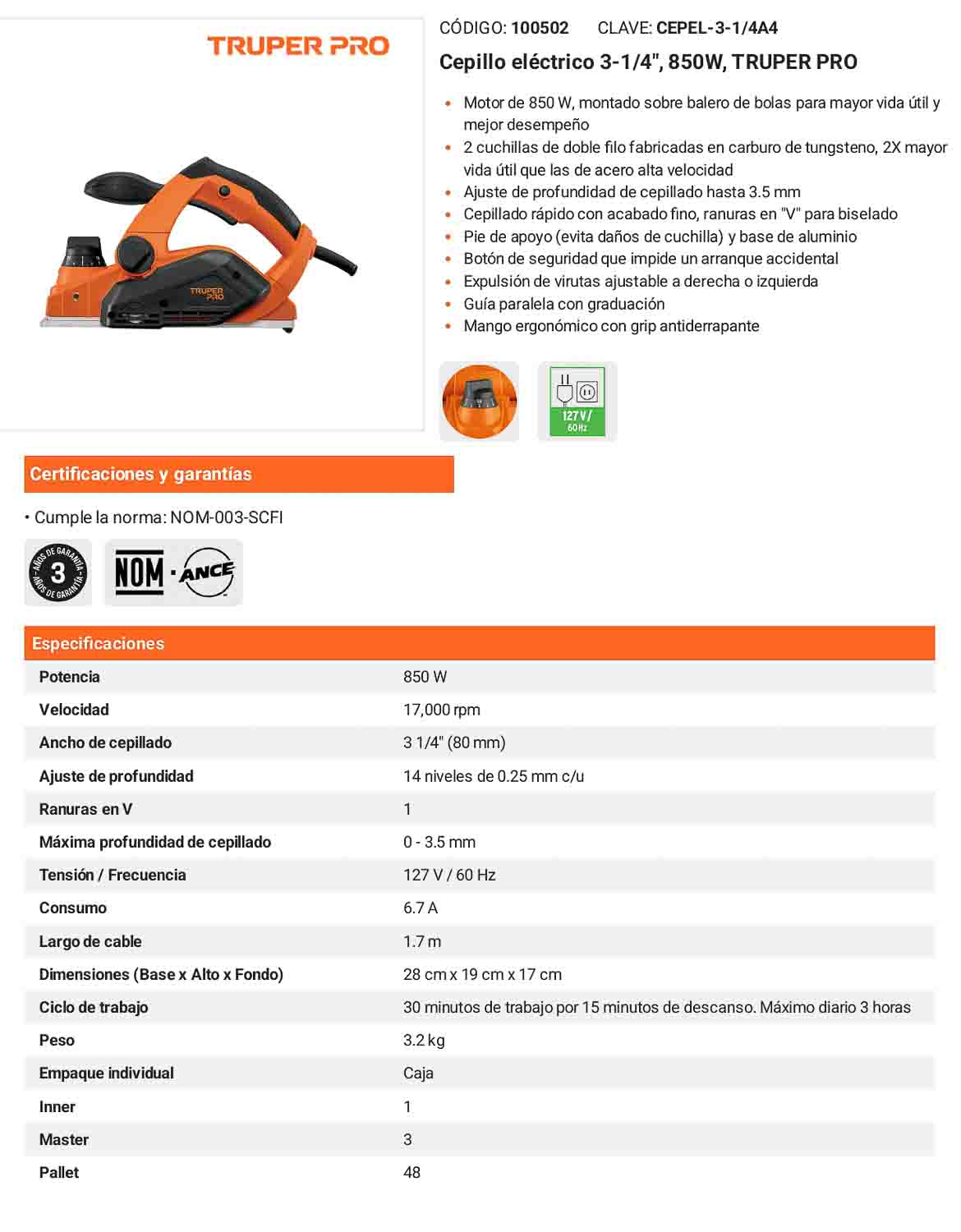Cepillo eléctrico 3-1/4 850W PRO Moto