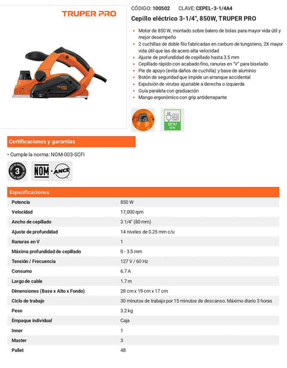 Cepillo eléctrico 3-1/4 850W PRO Moto