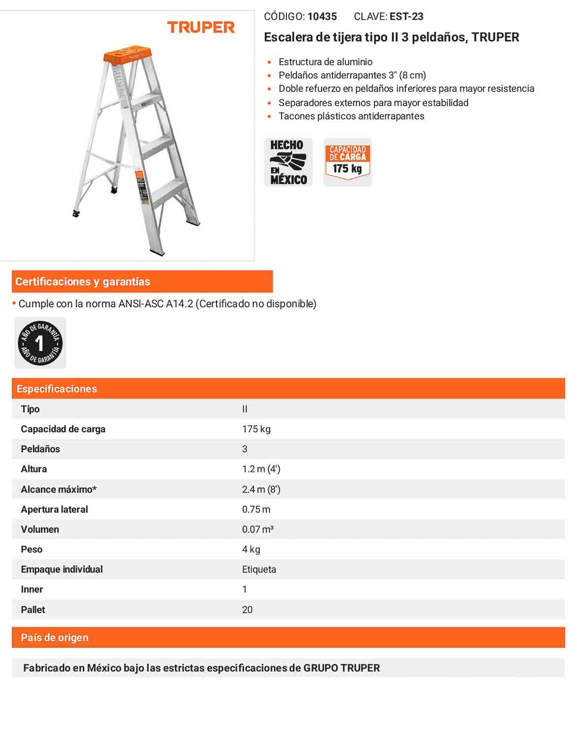 Escalera de tijera tipo II con 3 peldaños