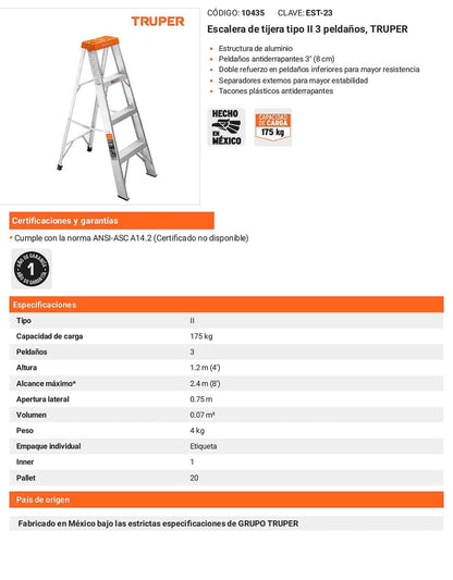 Escalera de tijera tipo II con 3 peldaños