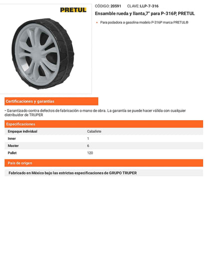 Ensamble rueda y llanta7 para P-316P para podadora