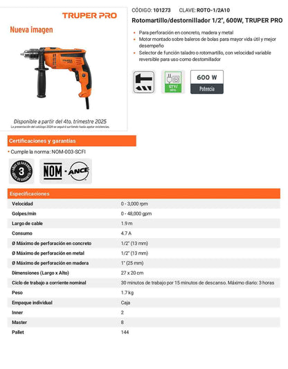 Rotomartillo/destornillador 1/2" 600 W TRUPER PRO