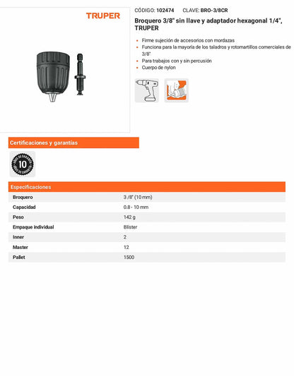 Broquero de 3/8" sin llave con adaptador hexagonal de 1/4"