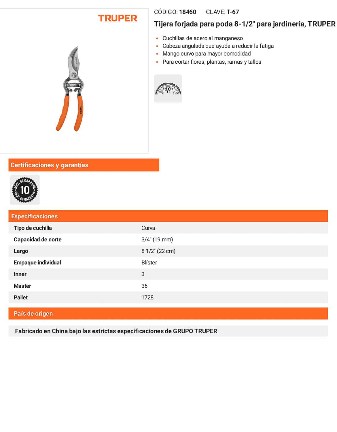 Tijera forjada para jardinería 8-1/2 pulgadas