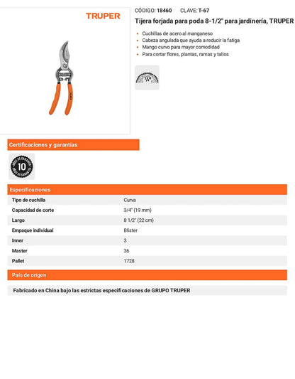 Tijera forjada para jardinería 8-1/2 pulgadas